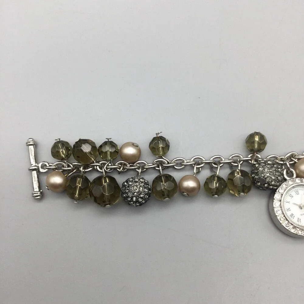 Beaded Charm Bracelet Womens Watch 22mm Silver Tone White Dial Crystal Bezel 8